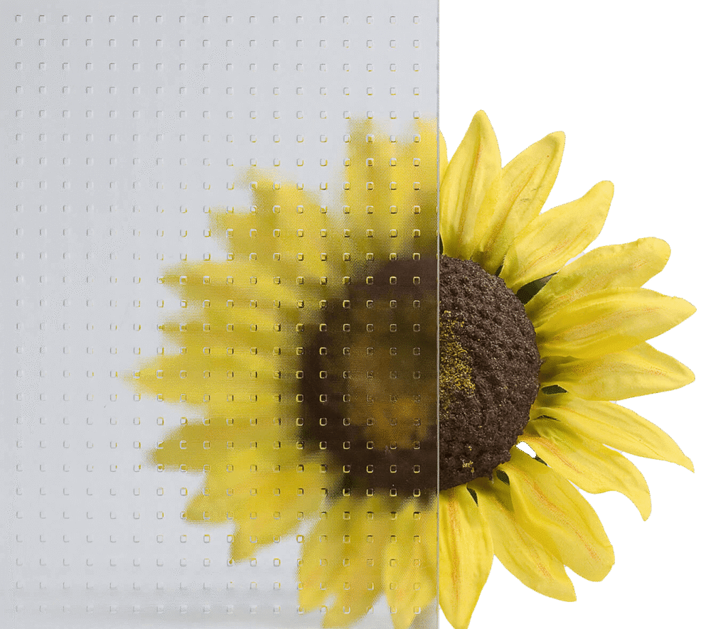 Eine gelbe Sonnenblume ist hinter einer strukturierten Glasscheibe abgebildet, die die linke Hälfte der Blüte verzerrt, während die rechte Hälfte klar und scharf vor einem schwarzen Hintergrund erscheint.